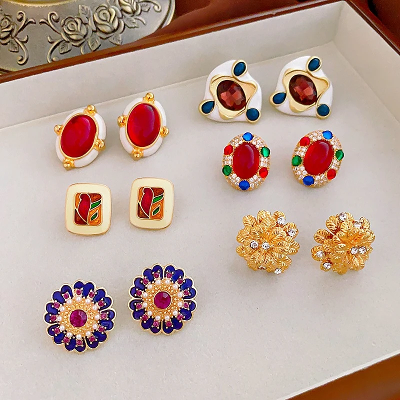 铜合金珐琅耳饰 中古vintage 银针彩色镶钻几何耳钉轻奢高级饰品