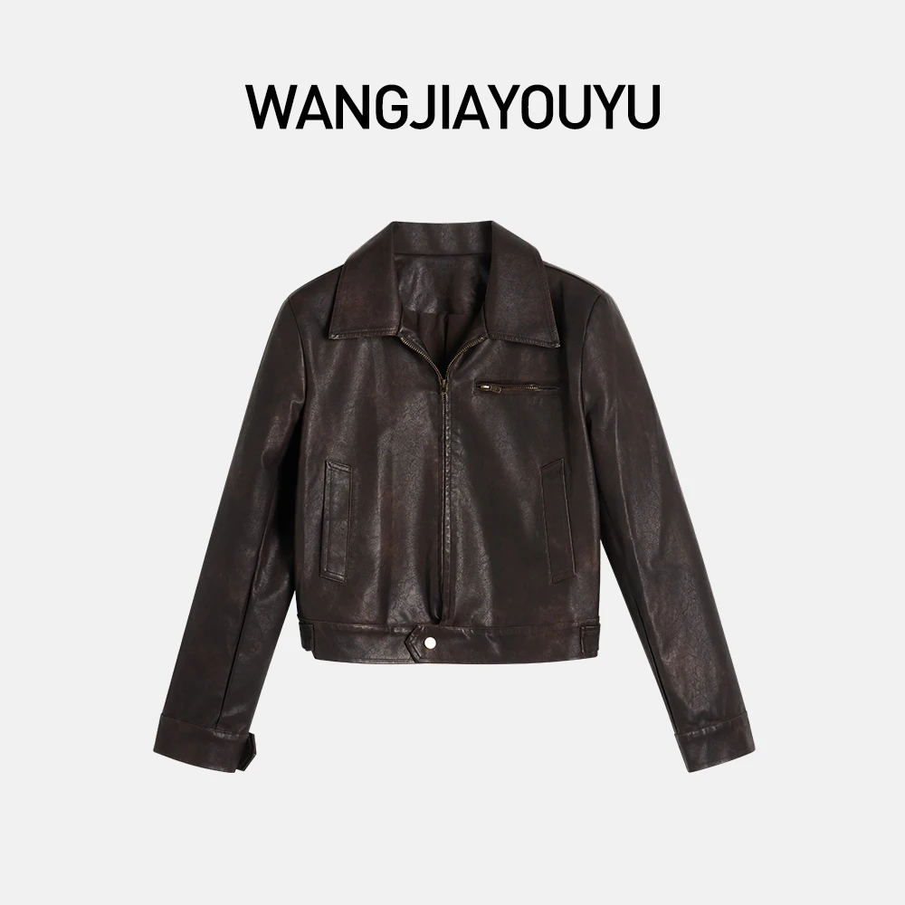 王家有鱼JIAXIN复古气质翻领咖色皮衣女外套秋季新款百搭上衣W