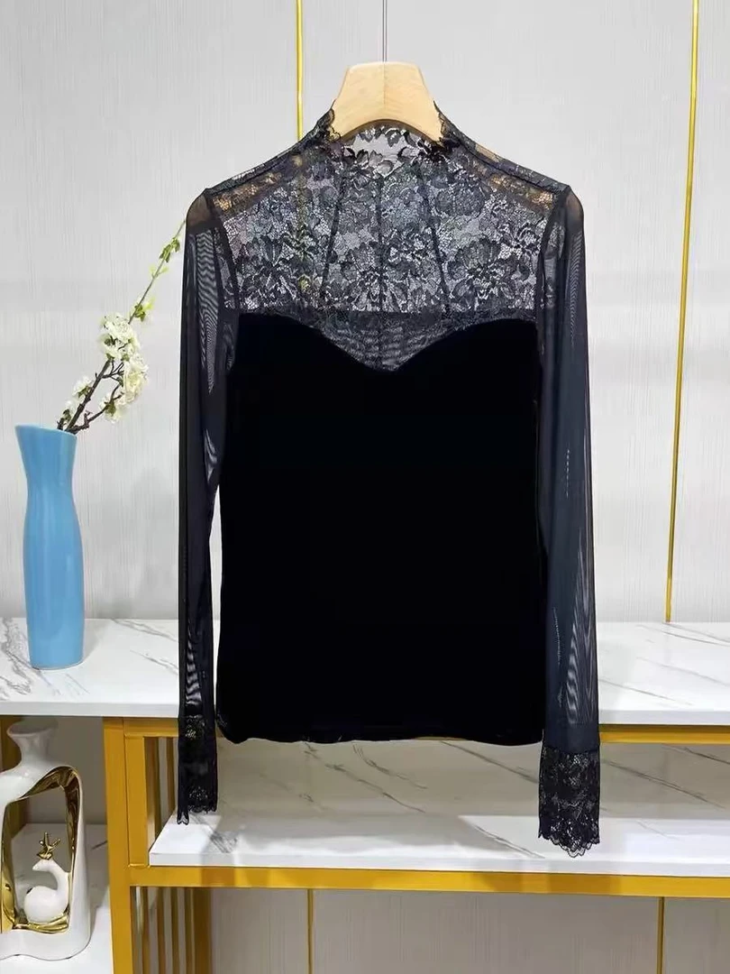 天鹅颈真丝丝绒拼接蕾丝长袖时尚半高领气质显瘦百搭