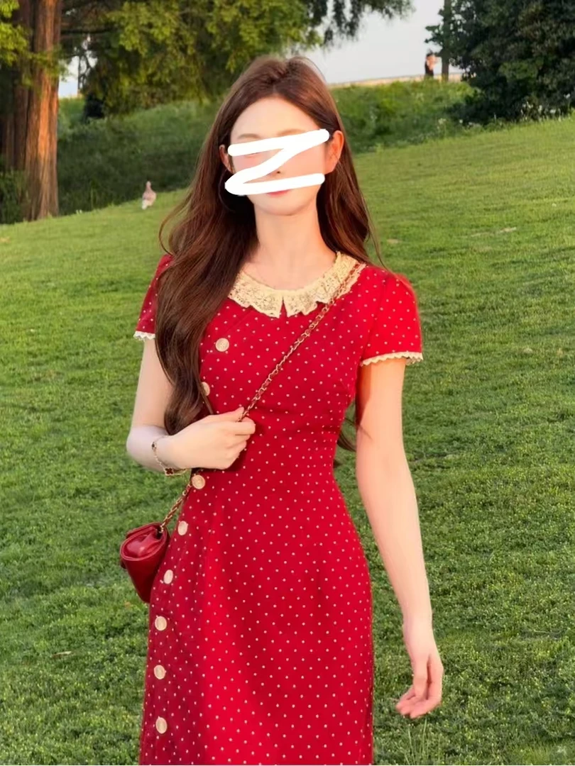 现595-1#法式波点蕾丝拼接红色长裙2025夏新款甜美收腰连衣裙