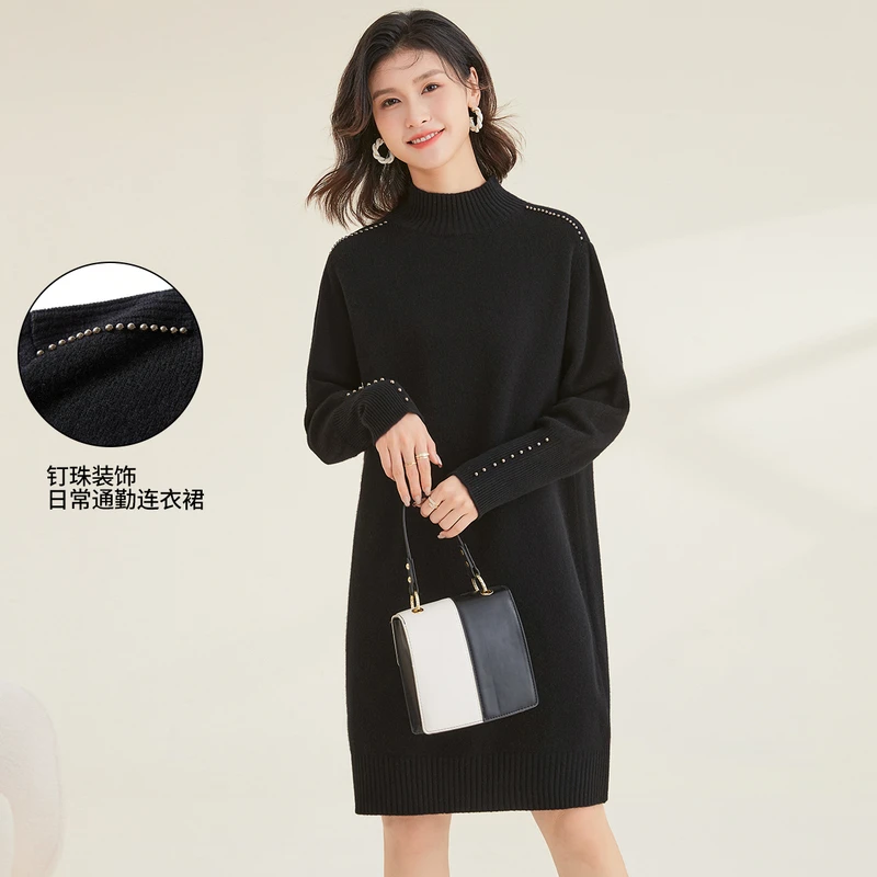 【纯羊毛】钉珠半高领日常经典泡泡袖打底女女式衣裙W8322342