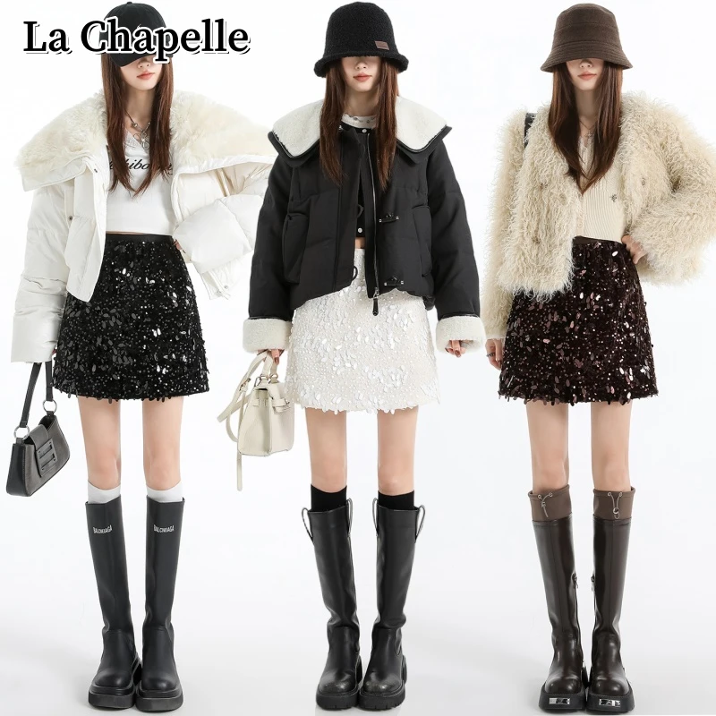 拉夏贝尔秋冬小香风重工亮片半身裙洋气百搭高腰显瘦a字包臀短裙