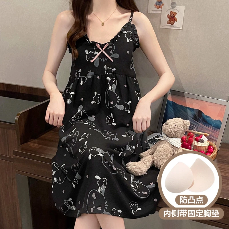 睡裙女款爆款2025新款带胸垫睡衣女士夏季短袖过膝连衣长裙家居服