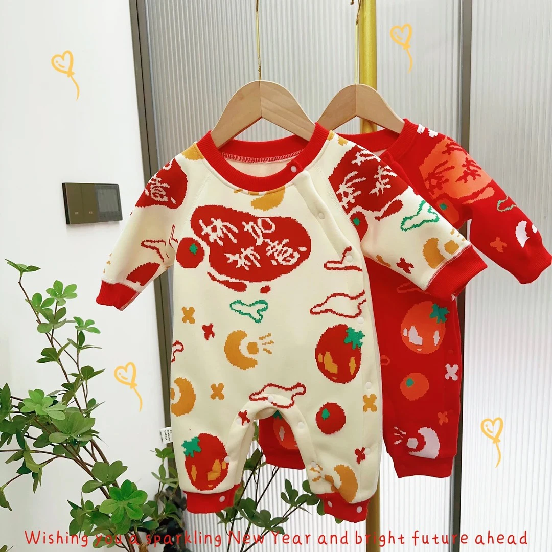 婴儿拜年服加绒加厚连体衣宝宝超萌冬季衣服新年过年爬爬服潮