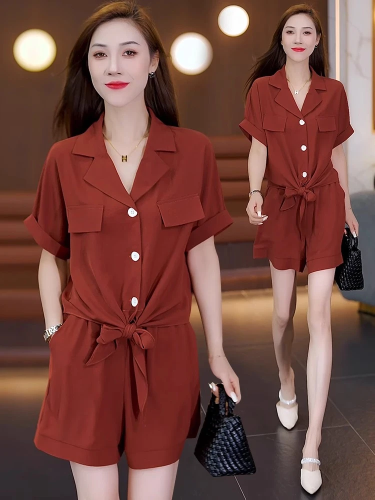 宽松休闲短袖雪纺衬衣阔腿短裤两件套女夏季新款遮肉显瘦时尚套装