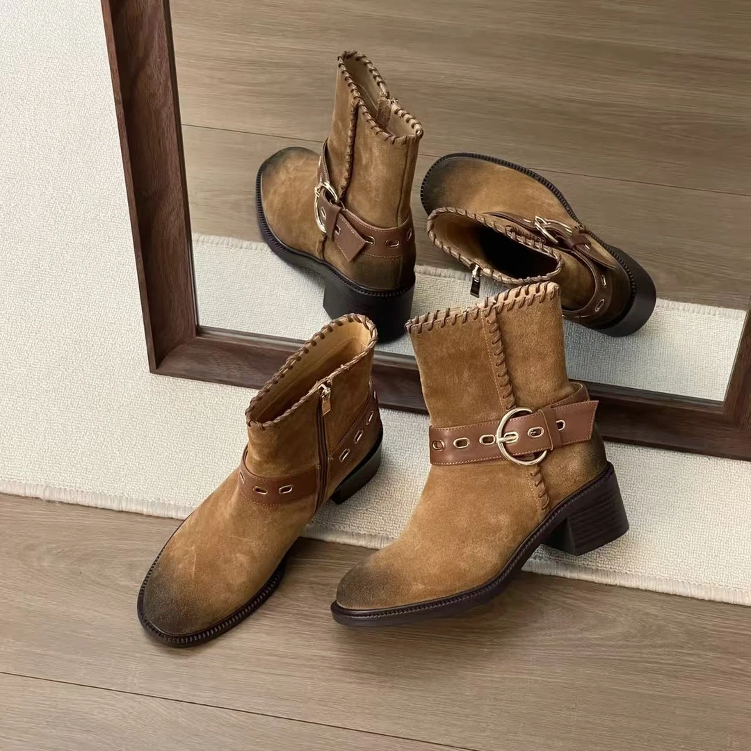 HUSSLOVE 牛反绒·跟高5.5CM·美拉德复古擦色磨砂皮扣带沙漠靴