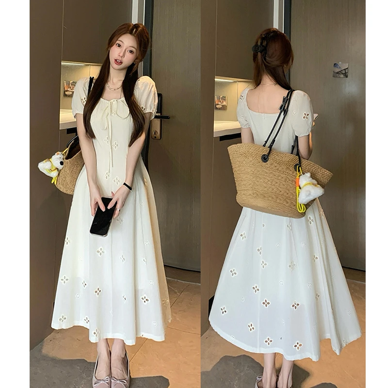 2025夏季大码女装新款时尚短袖镂空度假风白色收腰显瘦长款连衣裙