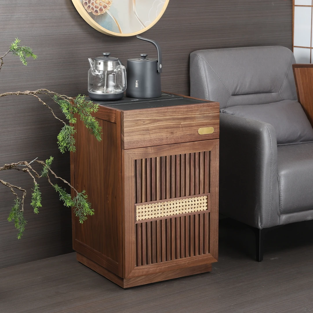 北美黑胡桃移动茶边几沙发边柜实木茶水柜烧水壶一体客厅茶桌边柜