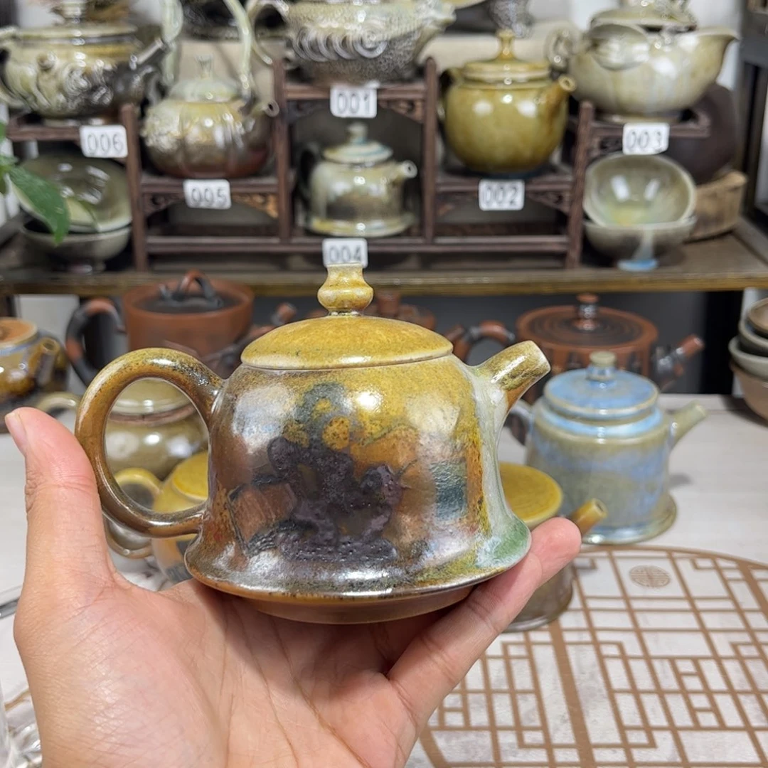 200cc白泥彩填柴烧金钟壶，古法传承裸坯柴烧
