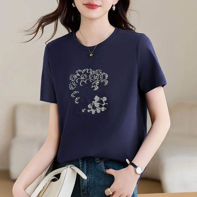 夏季新款休闲短袖t恤丝光棉圆领洋气上衣柔软舒适正肩遮肉女装