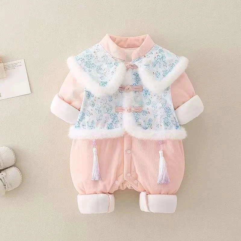 新上A类女宝宝冬季棉服夹棉加厚汉服中国风外出服连体衣拜年服