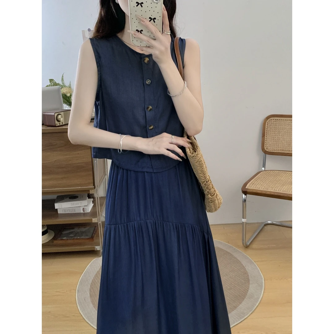 两件套法式赫本风无袖背心上衣女夏季2025新款大裙摆半身裙套装