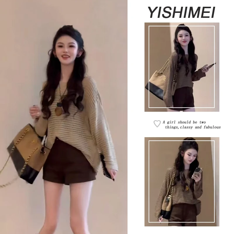 秋季时尚穿搭2025年新款爆款韩系百搭长袖针织上衣高腰短裤两件套