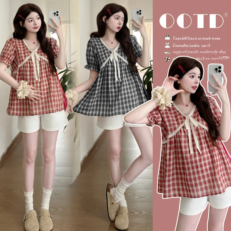 新款2025夏季孕妈减龄蕾丝花边拼接法式复古格子上衣短袖衬衫