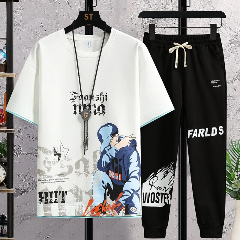 短袖薄款青少年圆领胖子潮流新款套装宽松百搭时尚爆款夏装夏季