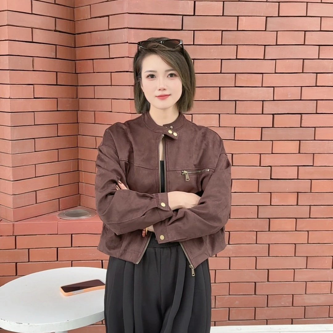 w2551复古立领牛皮绒早秋外套女短款宽松休闲机车服夹克百搭上衣