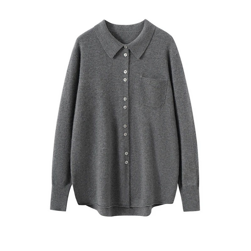 岁月不败经典~山羊绒开衫女宽松显瘦POLO领宽松慵懒风衬衣翻领564