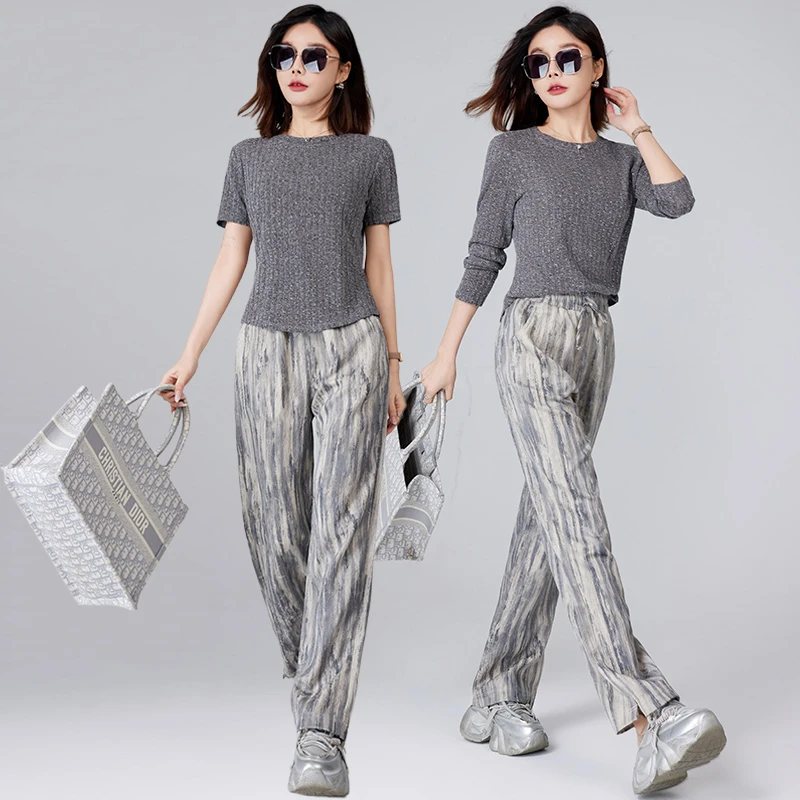 韩版时尚圆领罗纹棉亮钻休闲套装女2025春夏新款设计感运动两件套