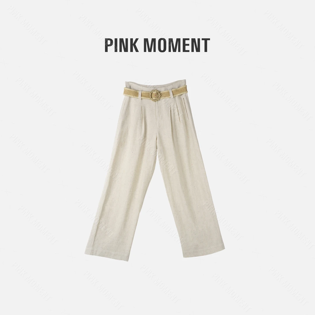 PM王囡囡 杏色麻料休闲阔腿裤（带腰带） ND1A0570