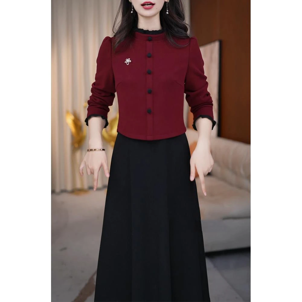 假两件加厚配大衣连衣裙女2025秋冬新款品牌妈妈婚宴礼服裙子