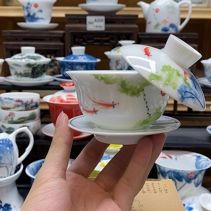 手绘五彩荷花盖碗150cc釉下彩微瑕福利款