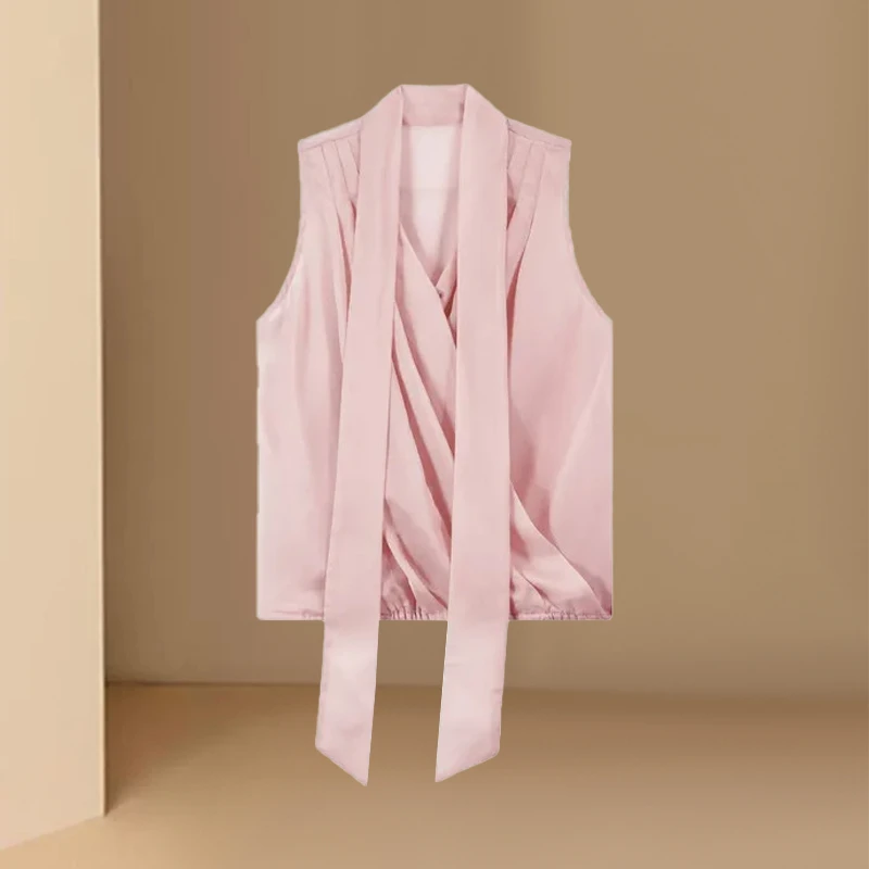 新款2025夏季女装v领法式交叉领时尚T恤无袖气质简约百搭薄款上衣