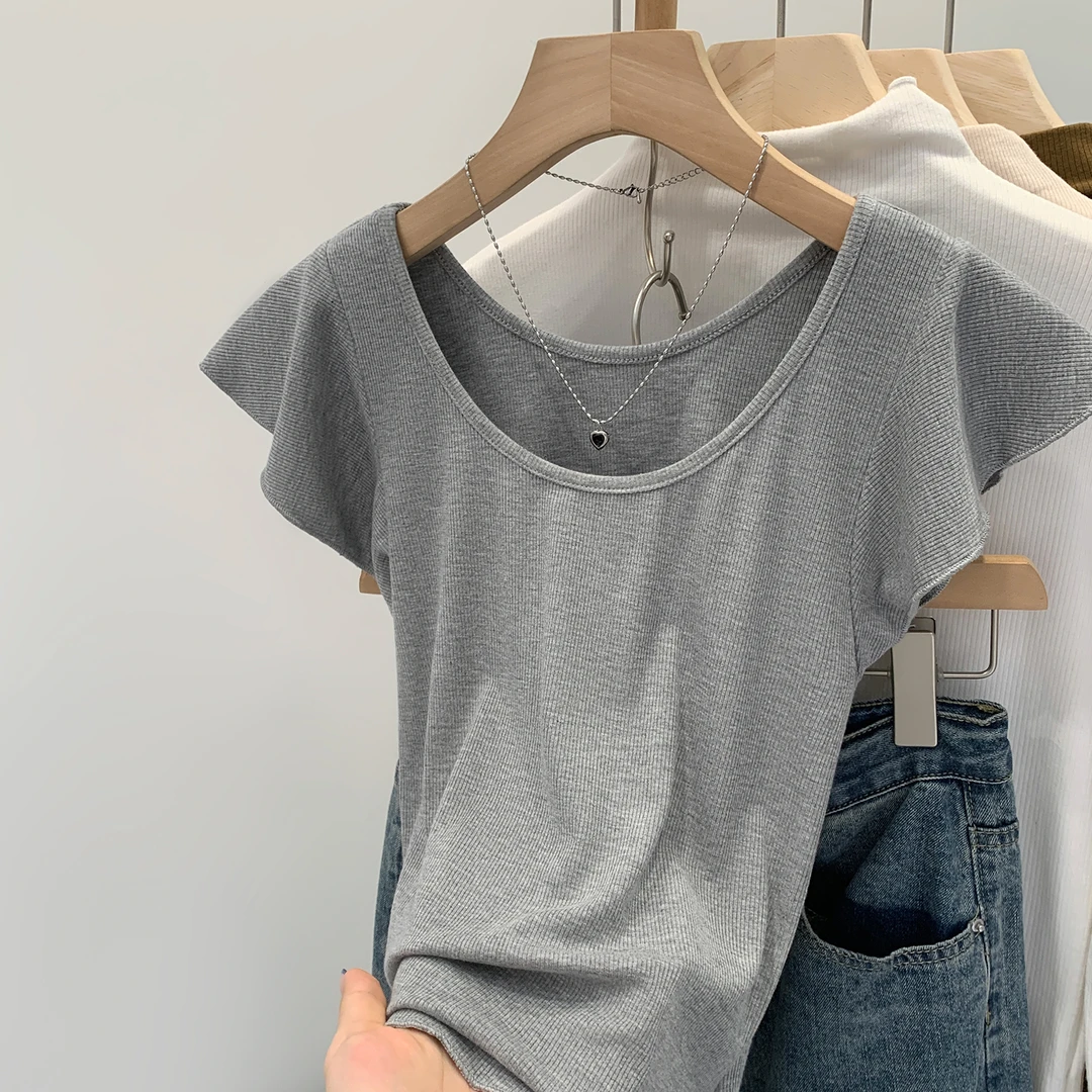 【Q】韩系U领正肩修身短袖T恤女2025夏新款纯欲辣妹上衣250300