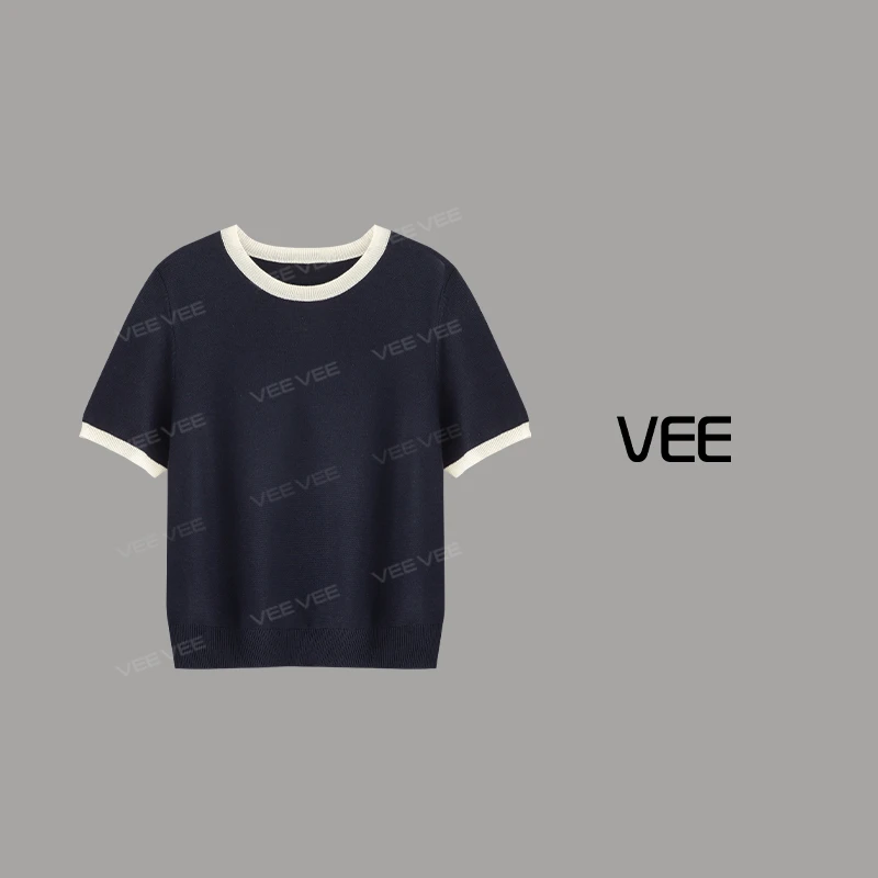 VEE【落日】25春夏新品时尚休闲气质百搭撞色边套头短袖针织衫