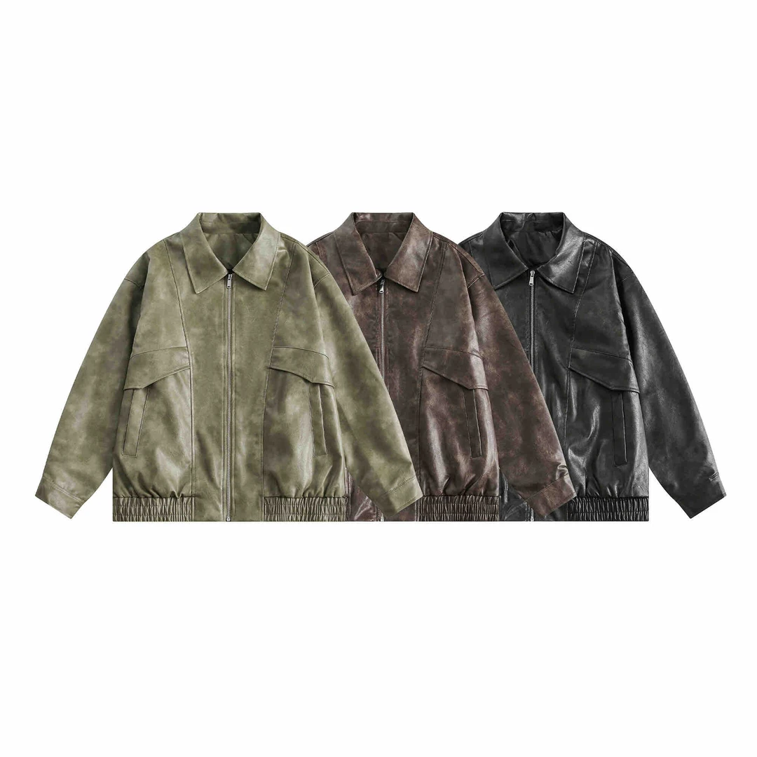 MKBK美式复古翻领皮夹克男女春季机车PU皮衣外套潮