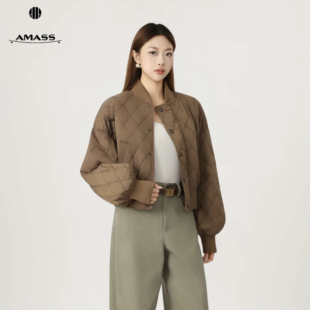 阿玛施AMASS新款时尚质感飞行员夹克式短款菱格棉服外套女5400844