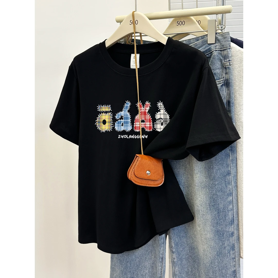 正肩短袖T恤女夏季大码胖mm遮肉时尚设计感洋气字母印花圆领上衣