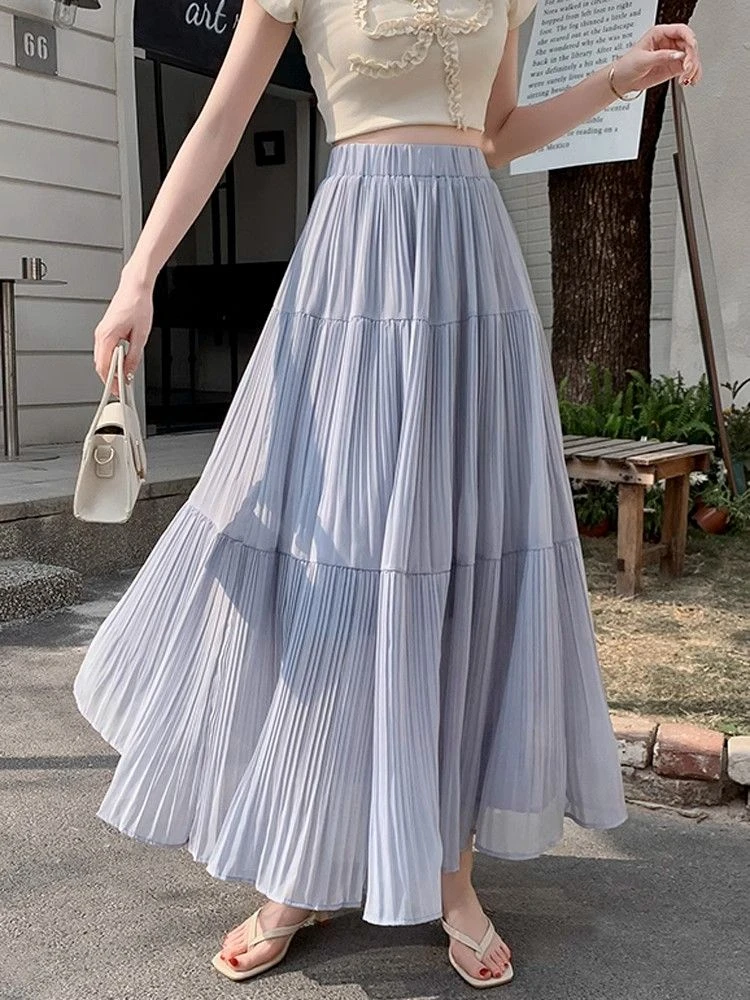 雪纺网纱百褶半身裙女夏季2025新款高腰显瘦垂感a字伞裙大摆长裙