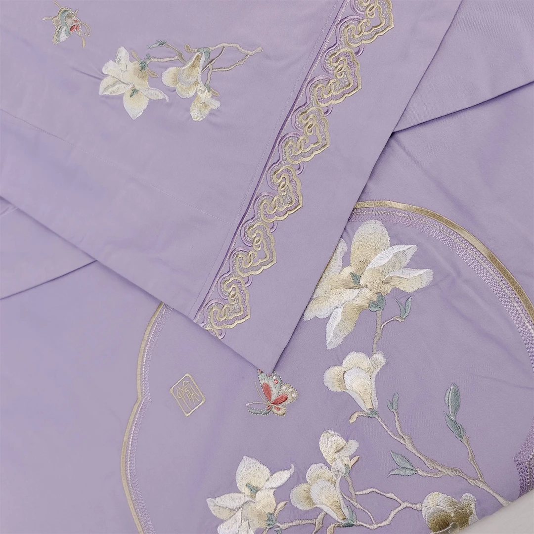 新金玉满堂jymt紫色四季款全棉加厚四件套绣花高档亲肤苏绣