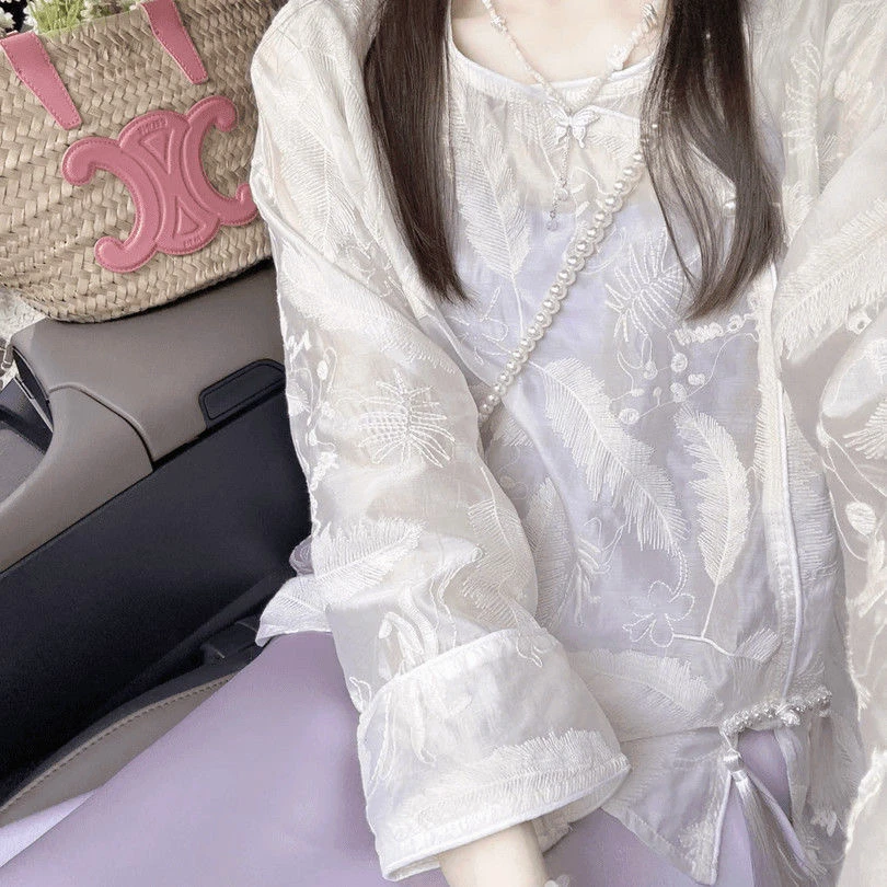 紫色仿缎面连衣裙套装女夏季新中式羽毛刺绣衬衫配吊带长裙两件套