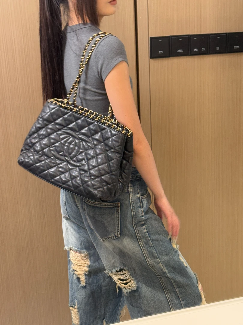 95新 Chanel/香奈儿 黑金滚边托特包 30cm 15552189