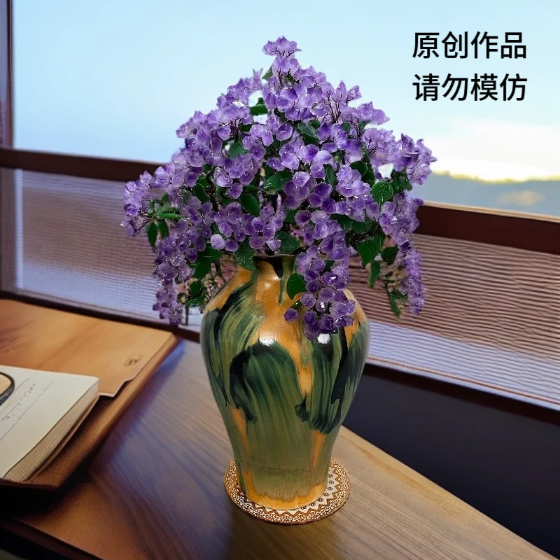 【岩岩原创】纯手工流苏款紫水晶树摆件涂鸦田园风陶瓷酒店大厅办公