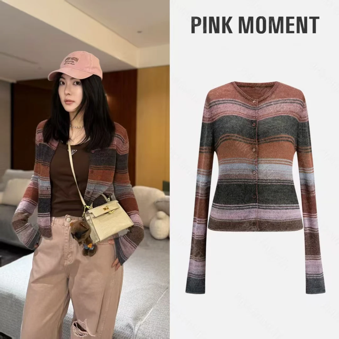 PM王囡囡 绵羊毛美拉德撞色条纹设计长袖毛织外套 ND1C1706