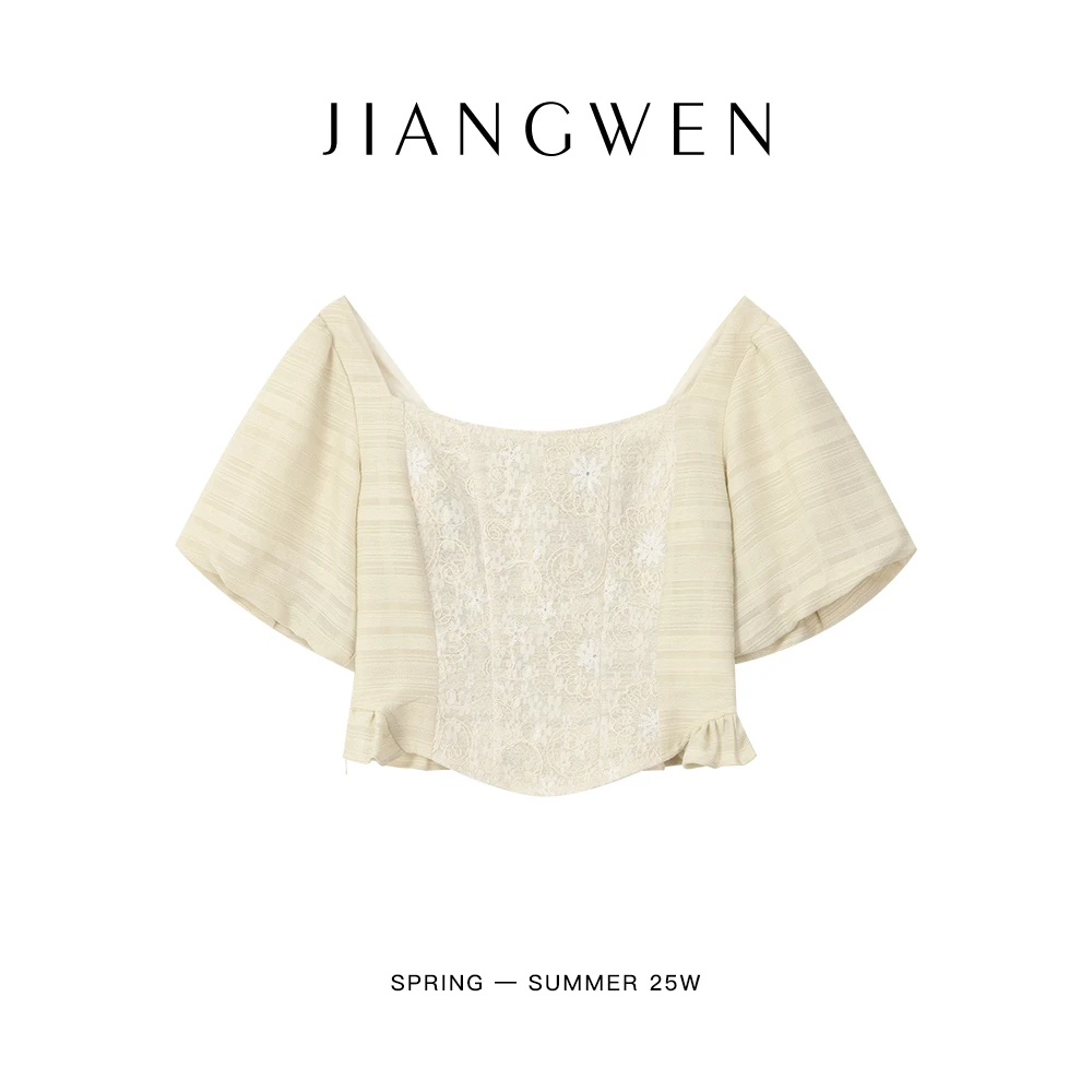 复古刺绣精致重工蕾丝公主泡泡袖高腰短款方领上衣