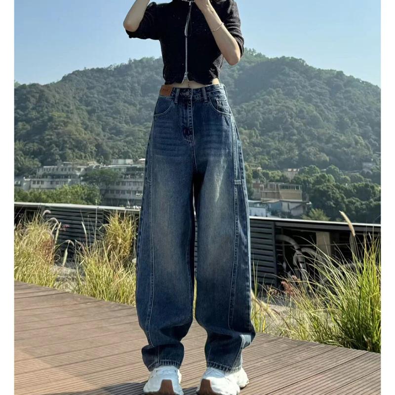 美式复古高腰宽松牛仔裤女2025夏季新款后口袋显瘦水洗软牛仔裤子