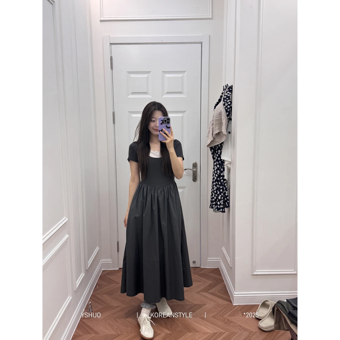 YSHUO【老钱调性】假两件拼接短袖连衣裙气质方领收腰显瘦长裙 9316