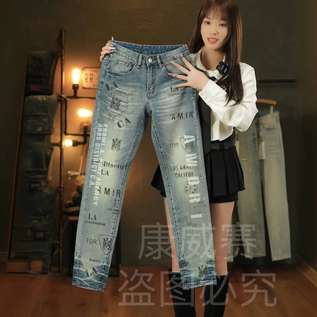 秋冬原创高端设计师款印花复古男士牛仔裤修身弹力潮牌时尚个性