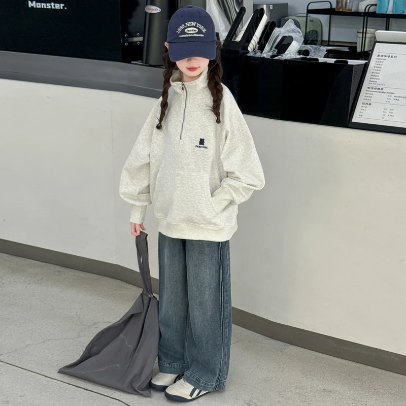 女童套装秋装洋气韩版中大童女孩立领卫衣牛仔裤两件套时尚潮款