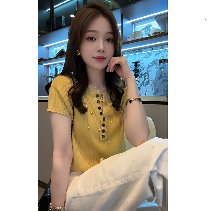 时尚减龄短袖针织衫女2025年夏季新款小个子洋气显瘦百搭短款上衣