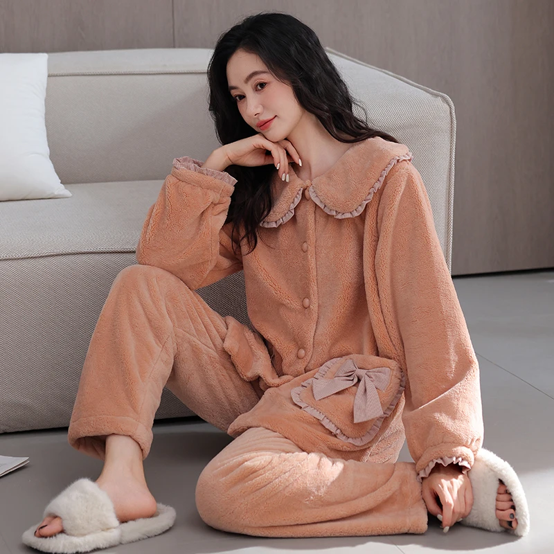 芬腾可安冬款女睡衣冬季珊瑚绒加厚加绒保暖法兰绒大码家居服外穿