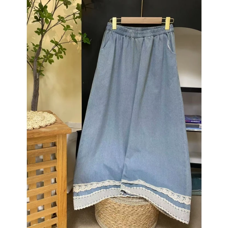 2025夏季新款花边蕾丝阔腿牛仔裤直筒裤女宽松裤子百搭休闲裤8259