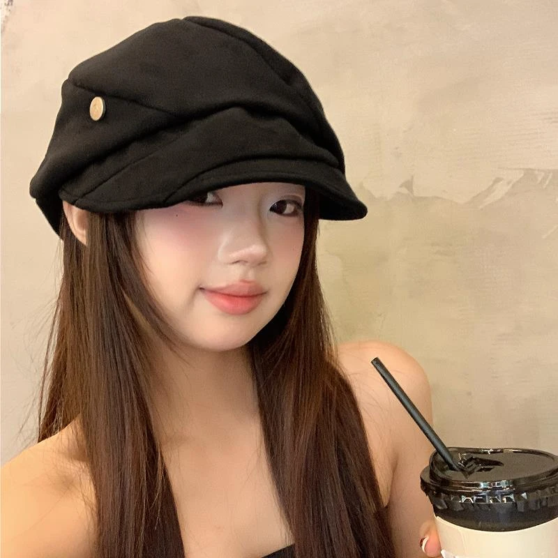韩系复古褶皱黑色贝雷帽女夏季显脸小报童帽大头围八角画家帽子