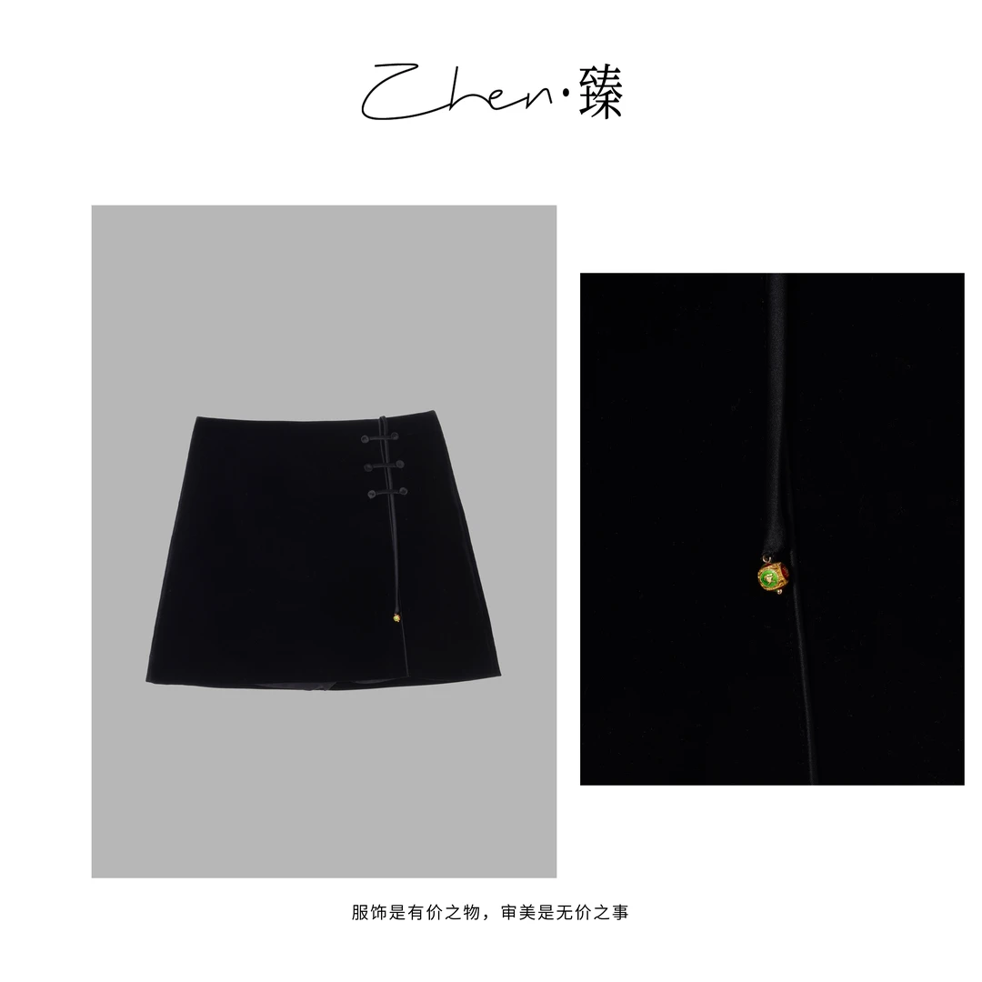 ZHEN.臻 欧货侧边扣设计师高腰丝绒短裙显瘦半身裙BQ8512Z