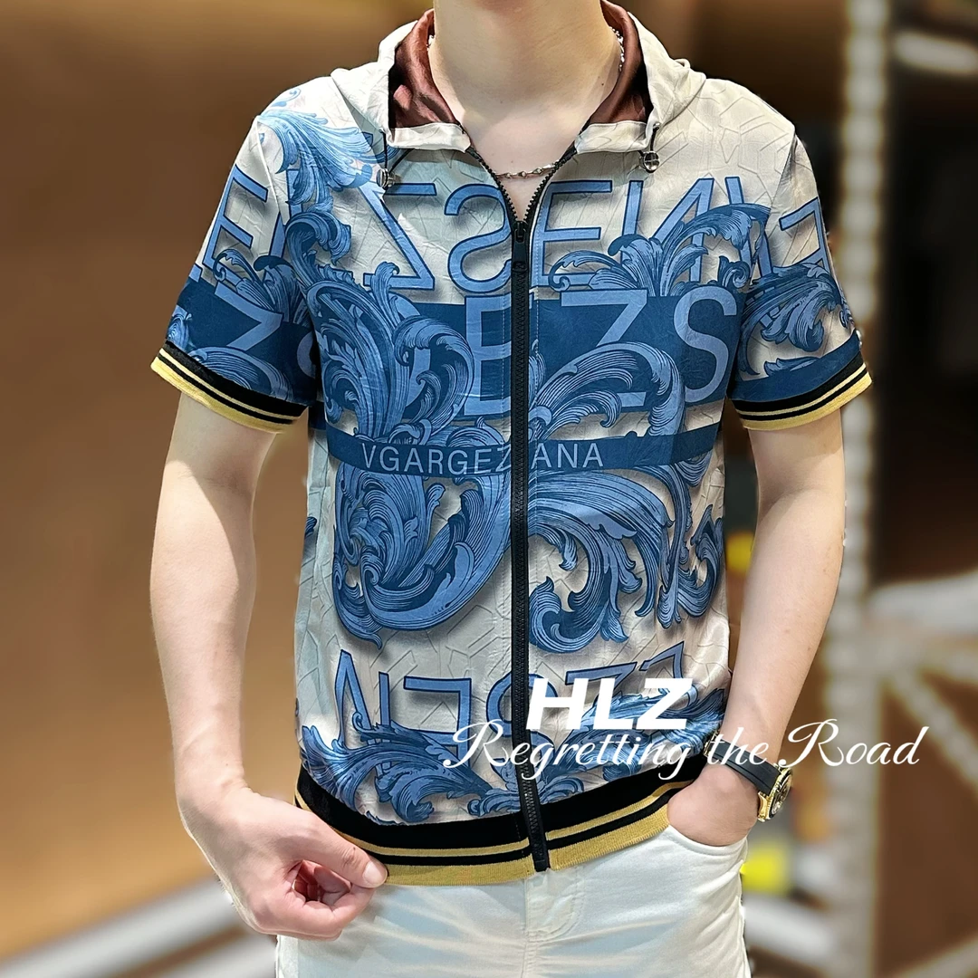 2025夏季新款修身男士休闲个性连帽开衫短袖衬衫迢迢不断如春水