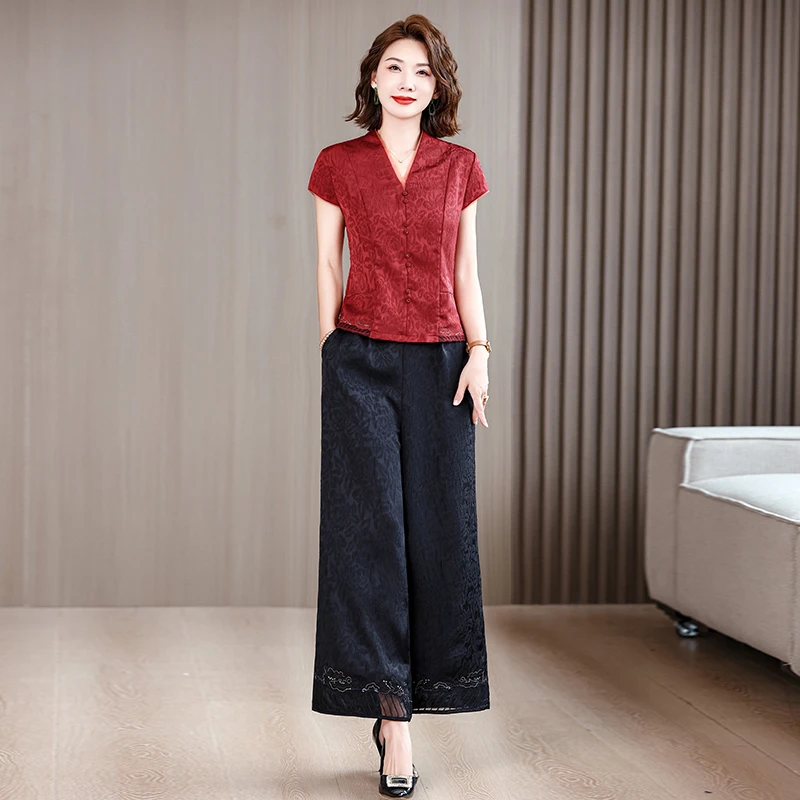 高端刺绣时尚套装2025年妈妈夏装时尚洋气套装上衣香阔腿裤两件套