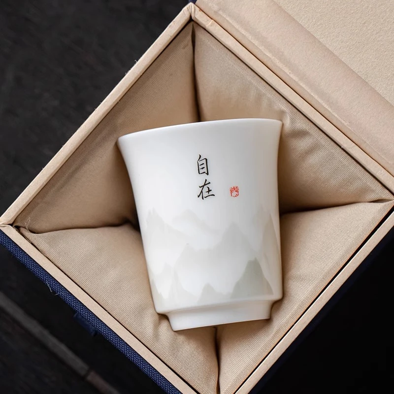 羊脂玉瓷水墨江山茶杯主人杯家用陶瓷高档单杯个人专用品茗杯茶具